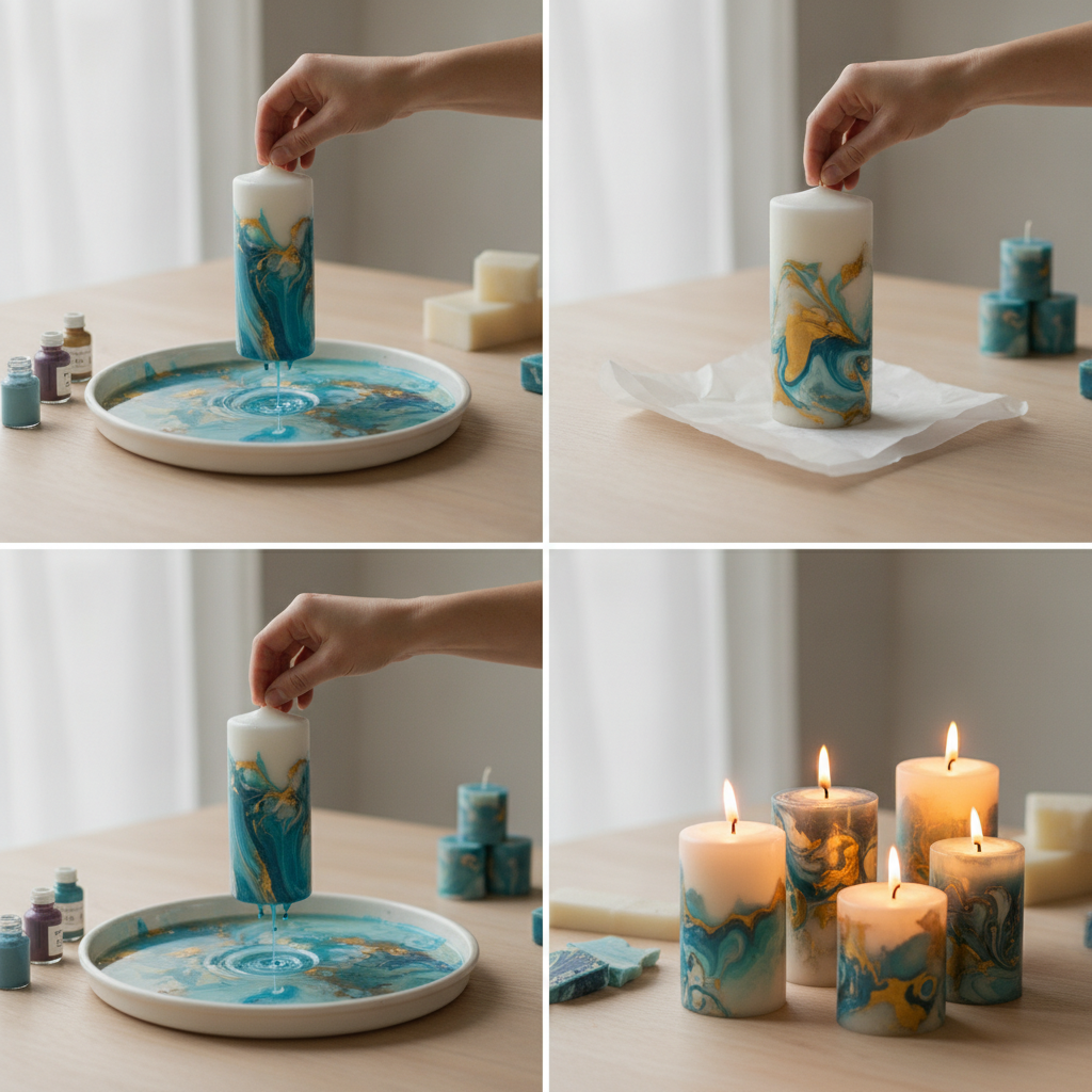 Mãos criam velas artesanais com efeito mármore, mergulhando-as em cores vibrantes.