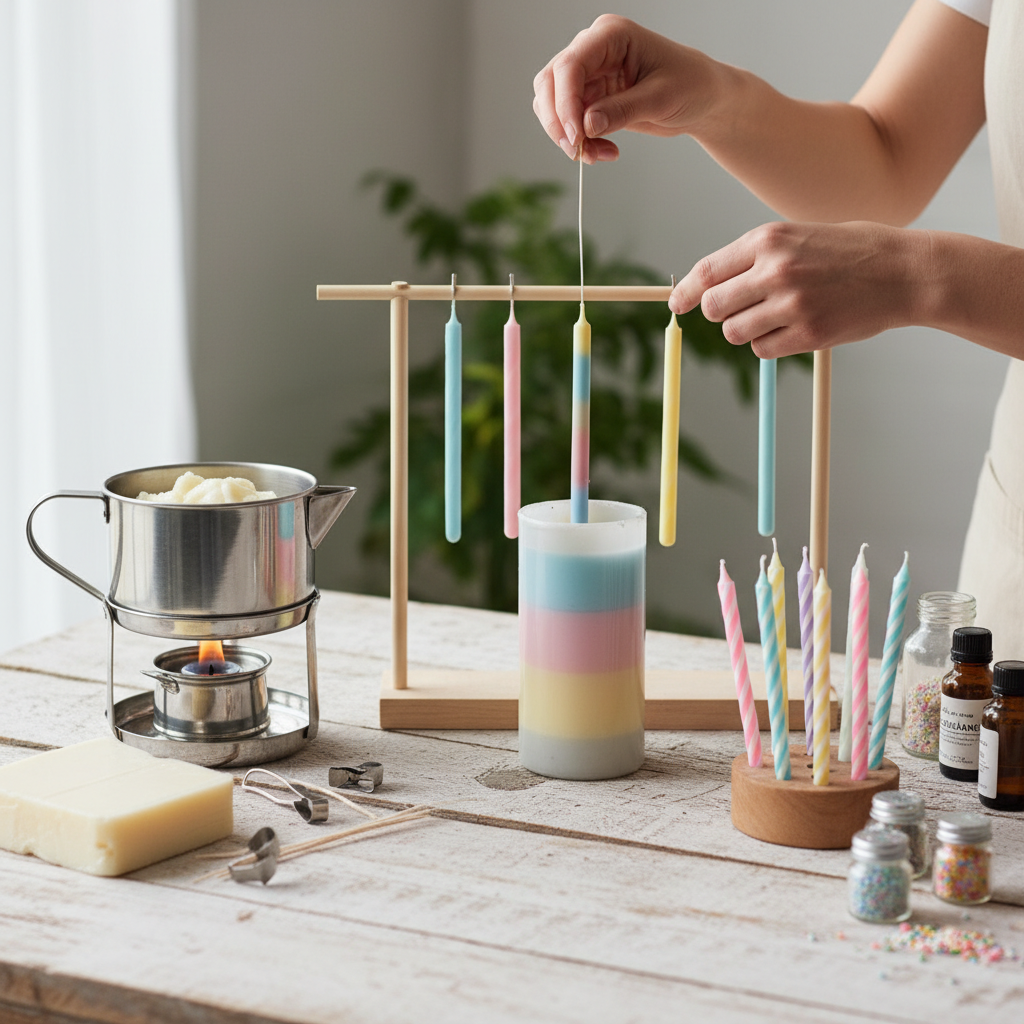Mãos decorando velas coloridas em um kit artesanal, em processo de fabricação.
