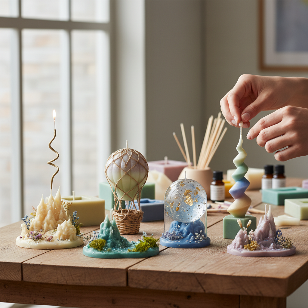 Mesa com diversas velas artesanais criativas em formatos de montanhas, balão e globo, com mãos moldando outra vela.