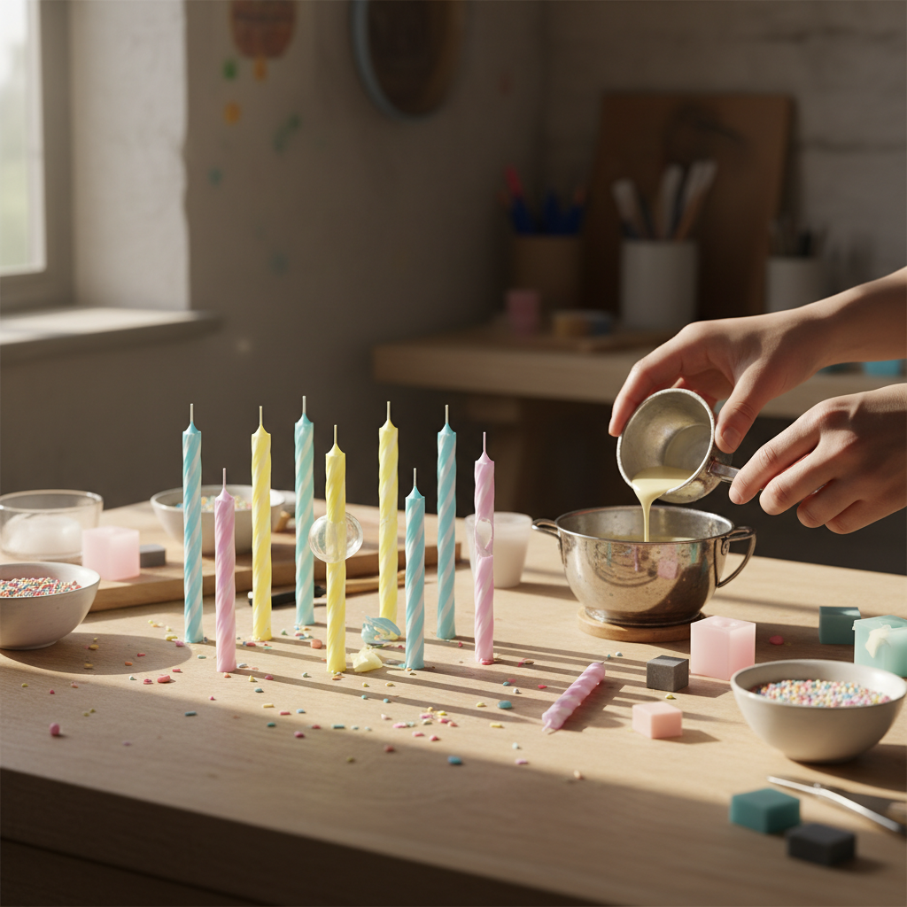 Mãos despejam cera em pote metálico, rodeado por velas coloridas de aniversário.