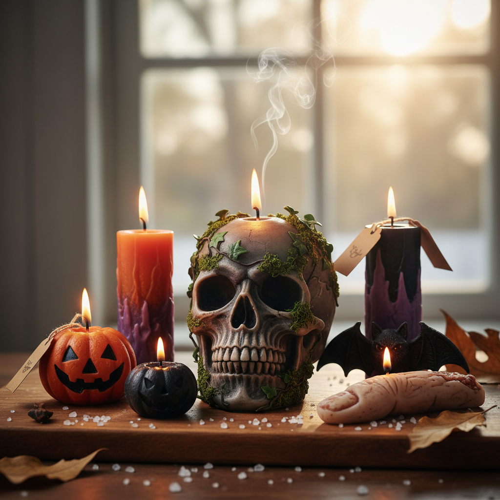 Velas de caveira, abóbora e dedo com chamas para o Dia das Bruxas, sobre mesa de madeira.
