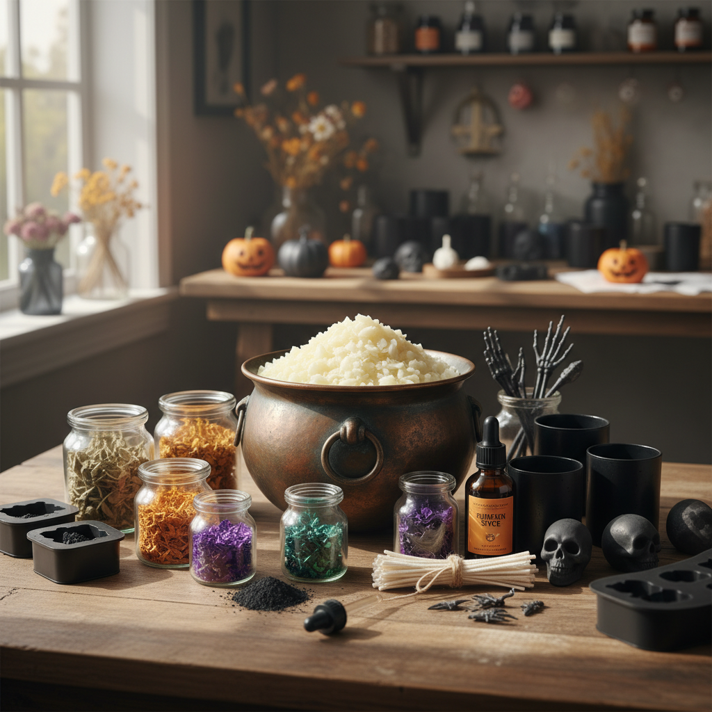 Ingredientes para velas de Halloween: cera, essência de abóbora, potes, corantes e caveiras.