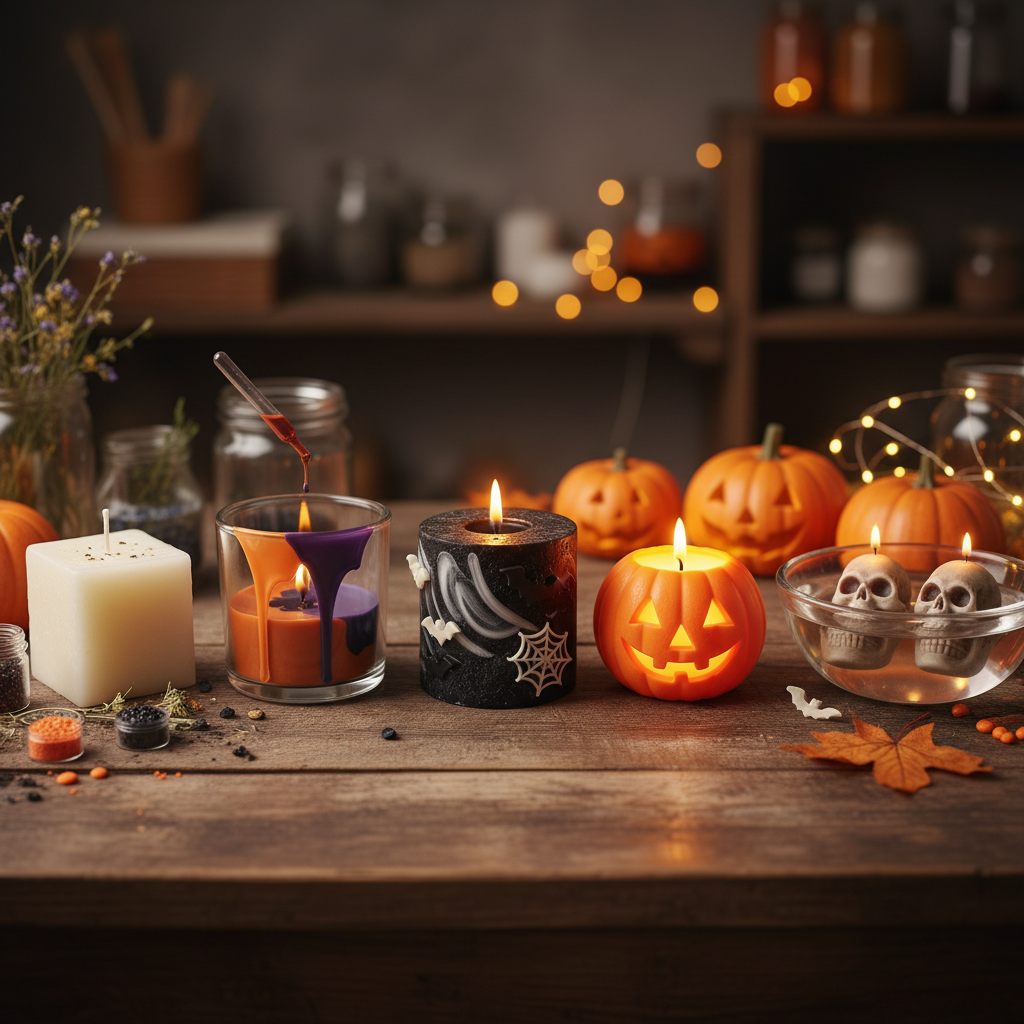 Velas artesanais de Halloween: abóboras, caveiras e teias de aranha em produção.