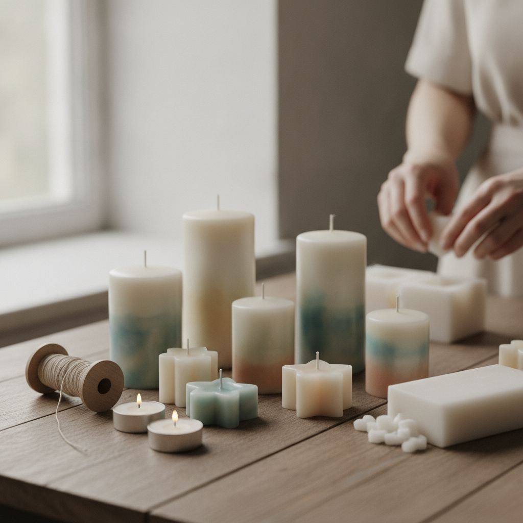 Velas artesanais de parafina em diferentes formatos e cores, prontas para serem feitas.