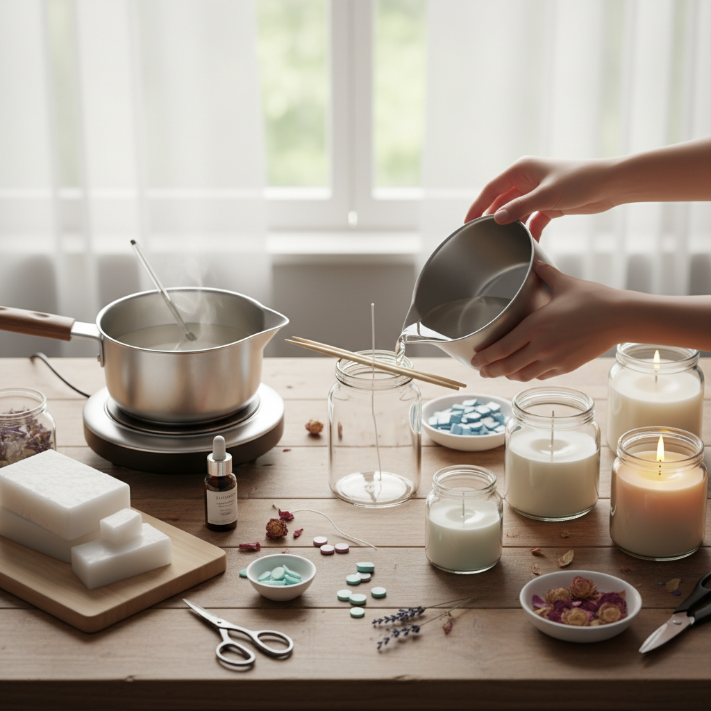 Mãos despejam parafina derretida em um pote, rodeadas por ingredientes para fazer velas artesanais.