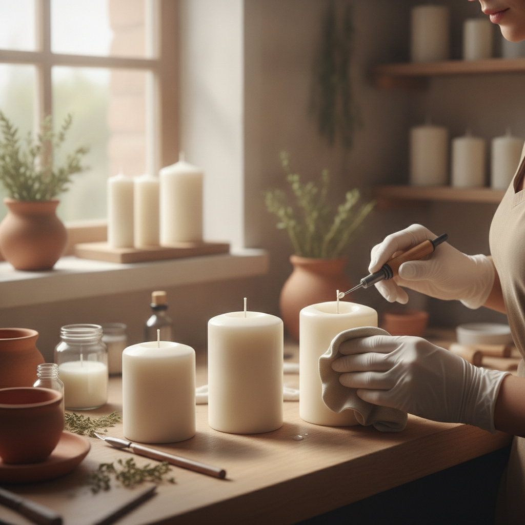 Pessoa com luvas finalizando velas artesanais com ferramenta, pós-produção.