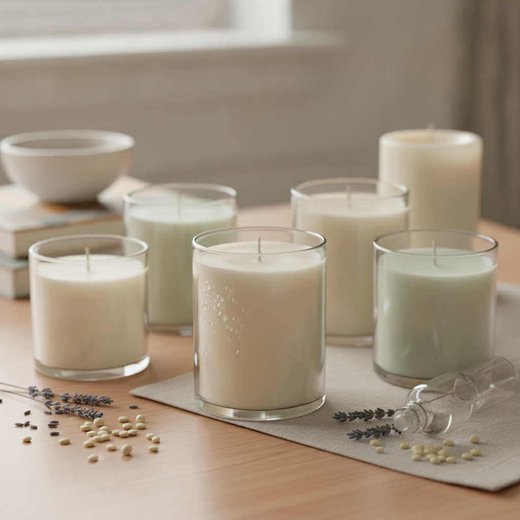 Velas artesanais em vidro com gotas de condensação, ramos de lavanda e sementes.