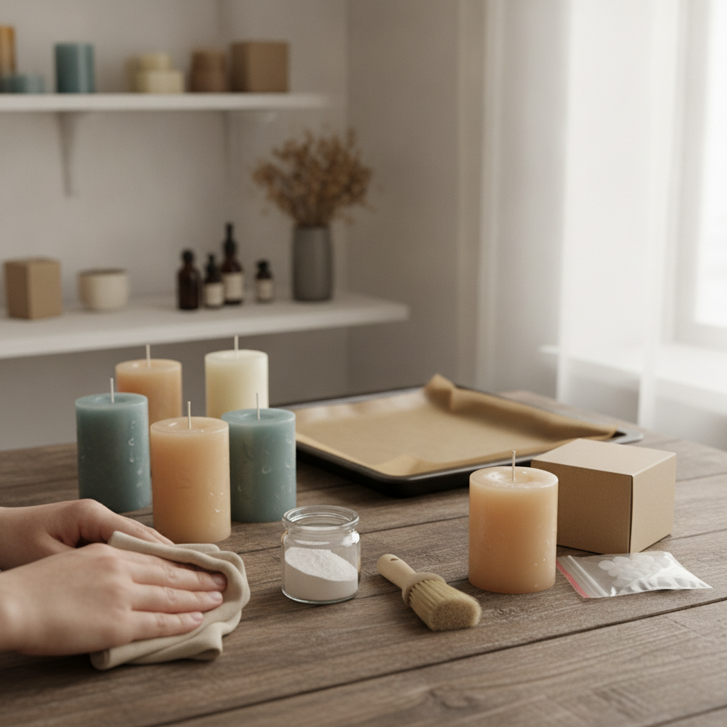 Velas artesanais de diferentes cores e tamanhos sobre mesa de madeira, com utensílios de limpeza.