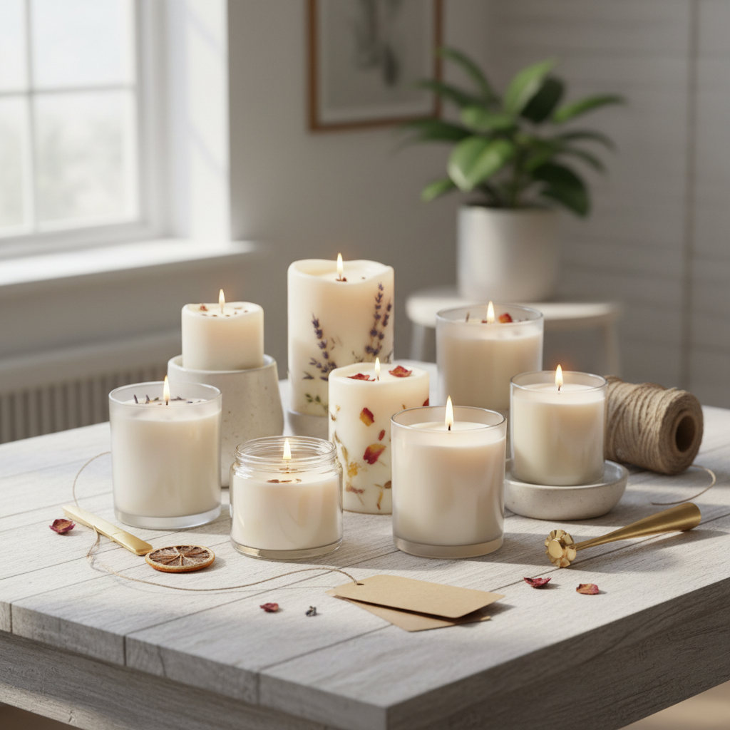 Coleção de velas artesanais iluminadas e decoradas, apresentando flores secas e ervas, em embalagens de vidro e cerâmica.