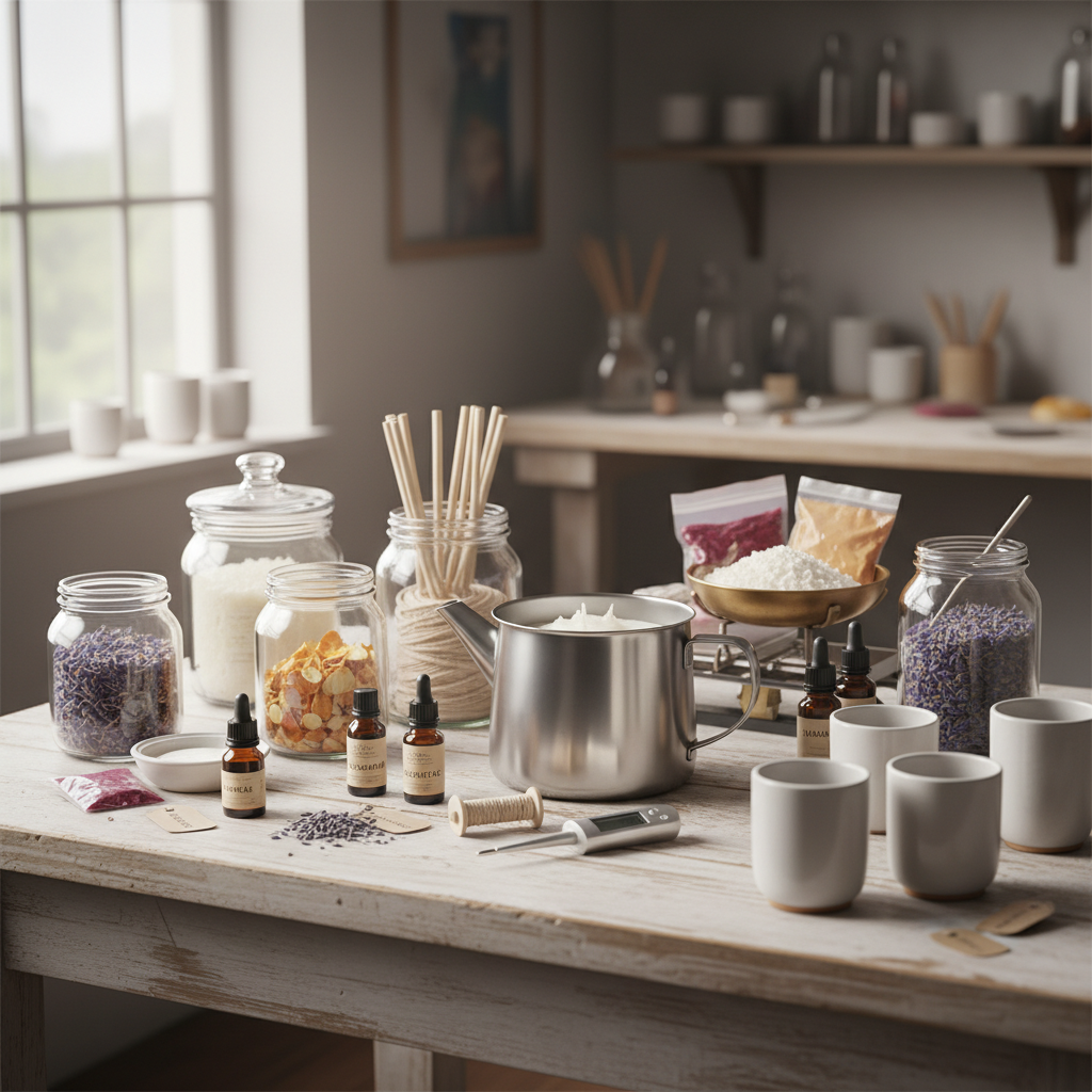 Mesa com ingredientes e equipamentos para fazer velas: cera, essências, pavios e recipientes.