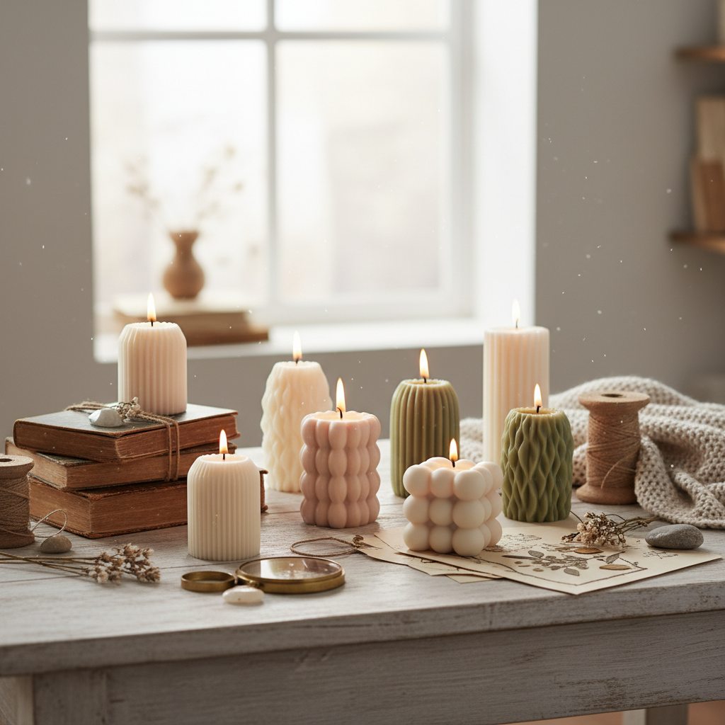 Velas artesanais em diversas formas e cores em uma mesa rústica com livros antigos e flor seca.