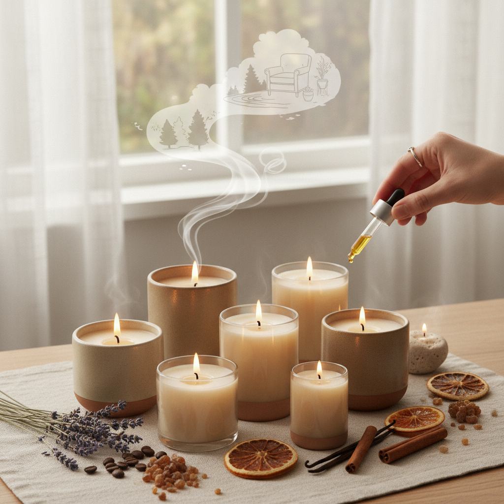 Velas artesanais acesas liberam fumaça com ilustração de natureza e conforto, uma mão pinga óleo essencial.