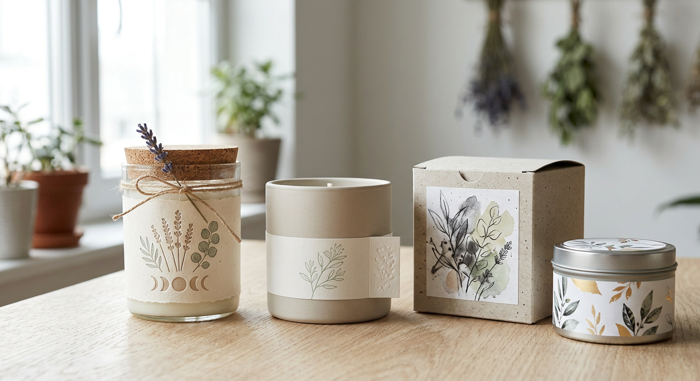 Velas artesanais com embalagens personalizadas, inspiradas na natureza, em tons pastel.