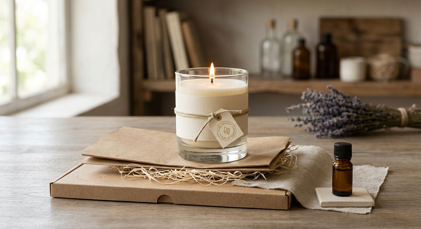 Vela artesanal em vidro com embalagem e lavanda.