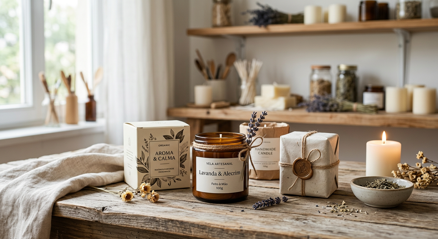 Vela aromática de lavanda e alecrim em frasco âmbar, ao lado de caixa e embalagem.