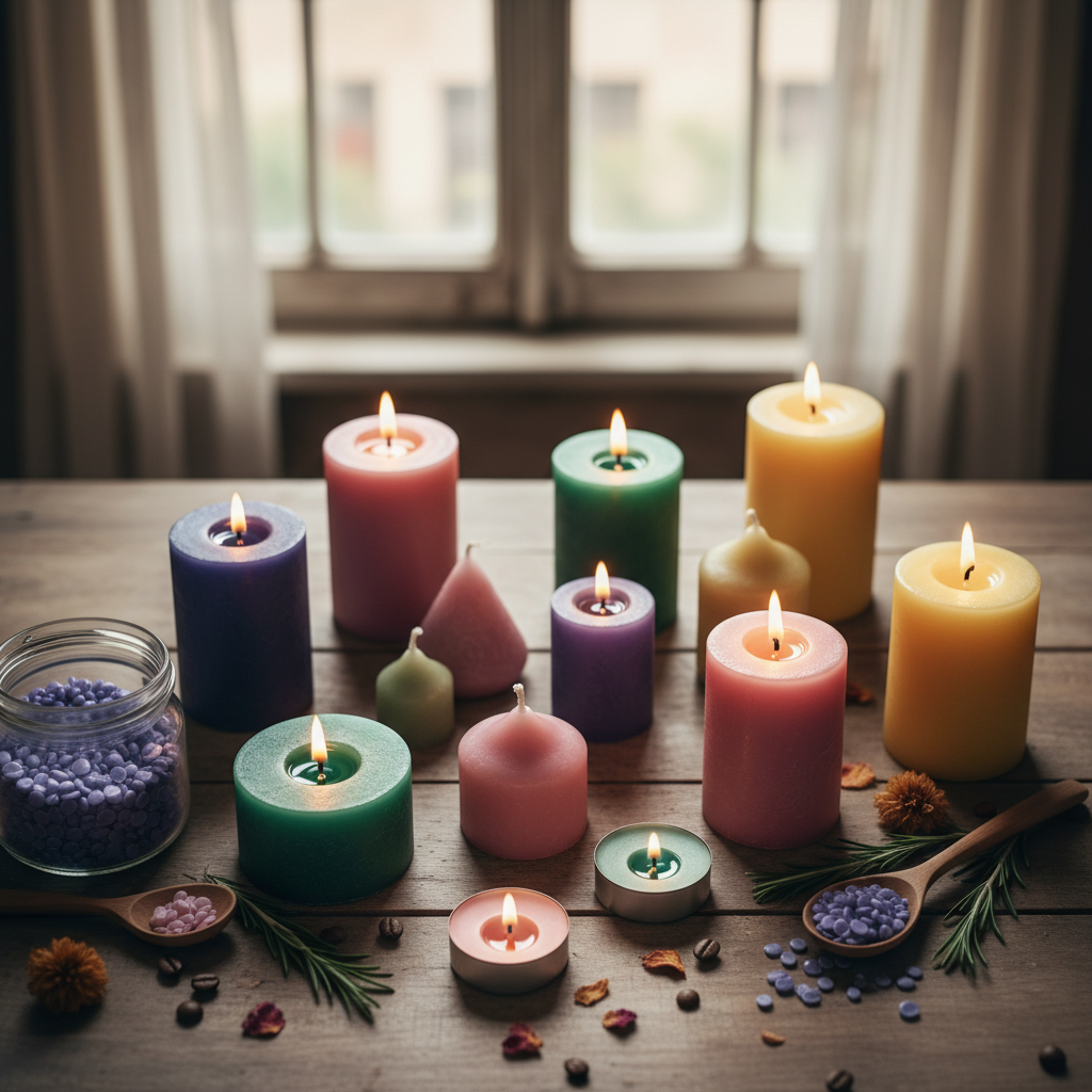 Velas artesanais coloridas em um tampo de madeira, algumas acesas, junto a ingredientes.