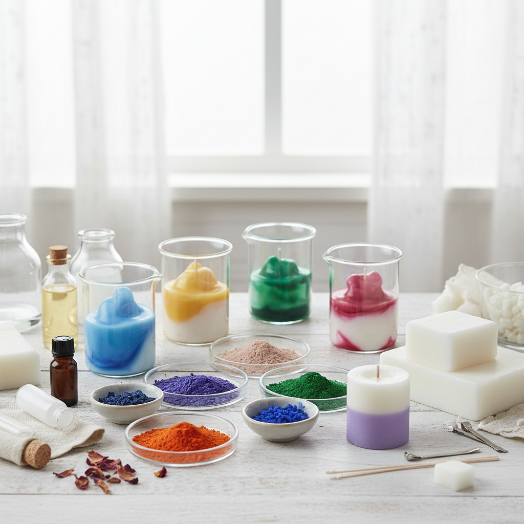 Velas artesanais em processo de coloração, com pigmentos e recipientes variados.