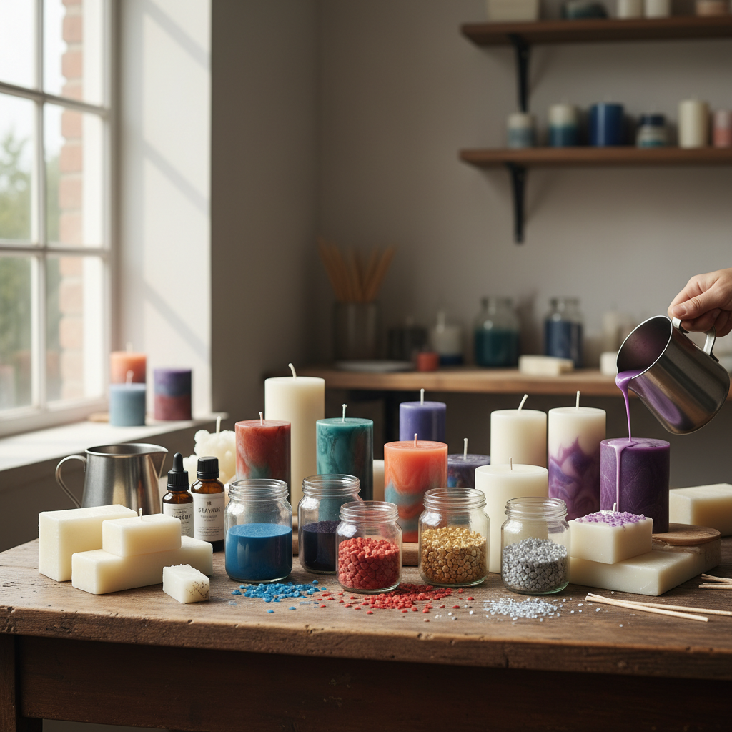 Velas artesanais de diversas cores e matérias-primas sendo preparadas para criação.