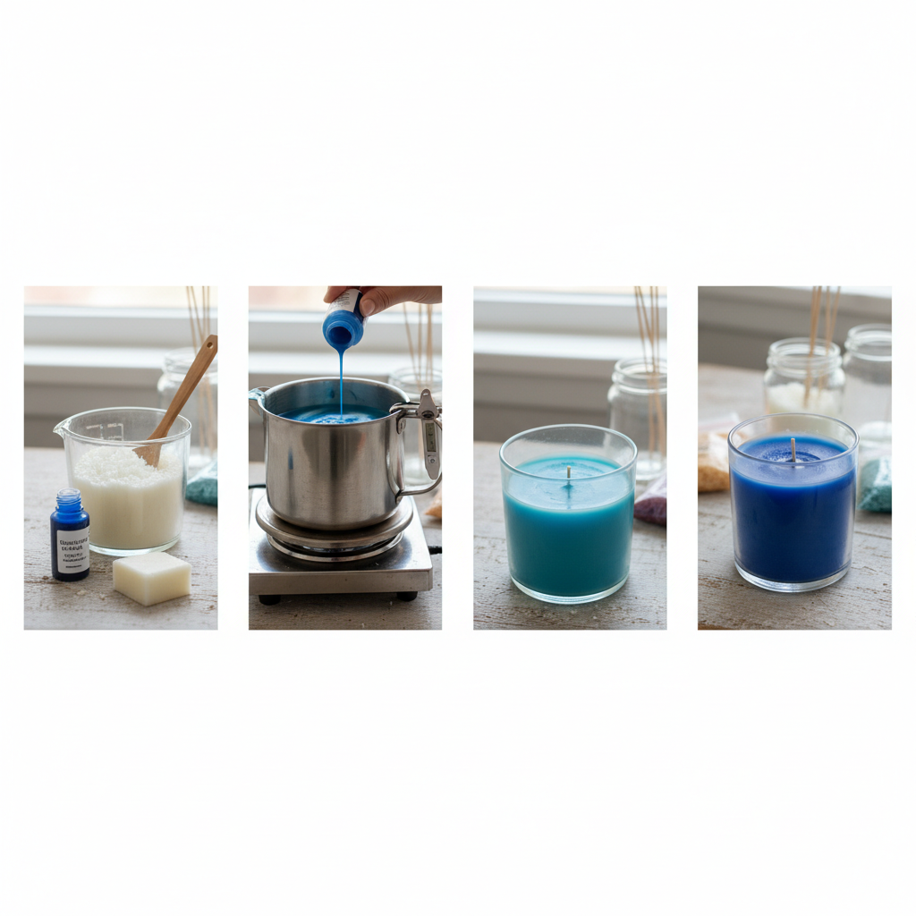 Colocar corante azul em cera derretida para fazer velas artesanais.
