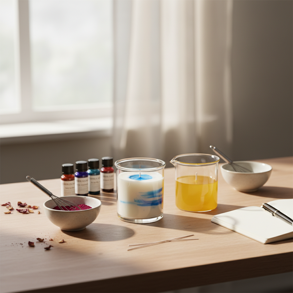 Velas artesanais em processo de coloração, com frascos de pigmentos e materiais em uma bancada.