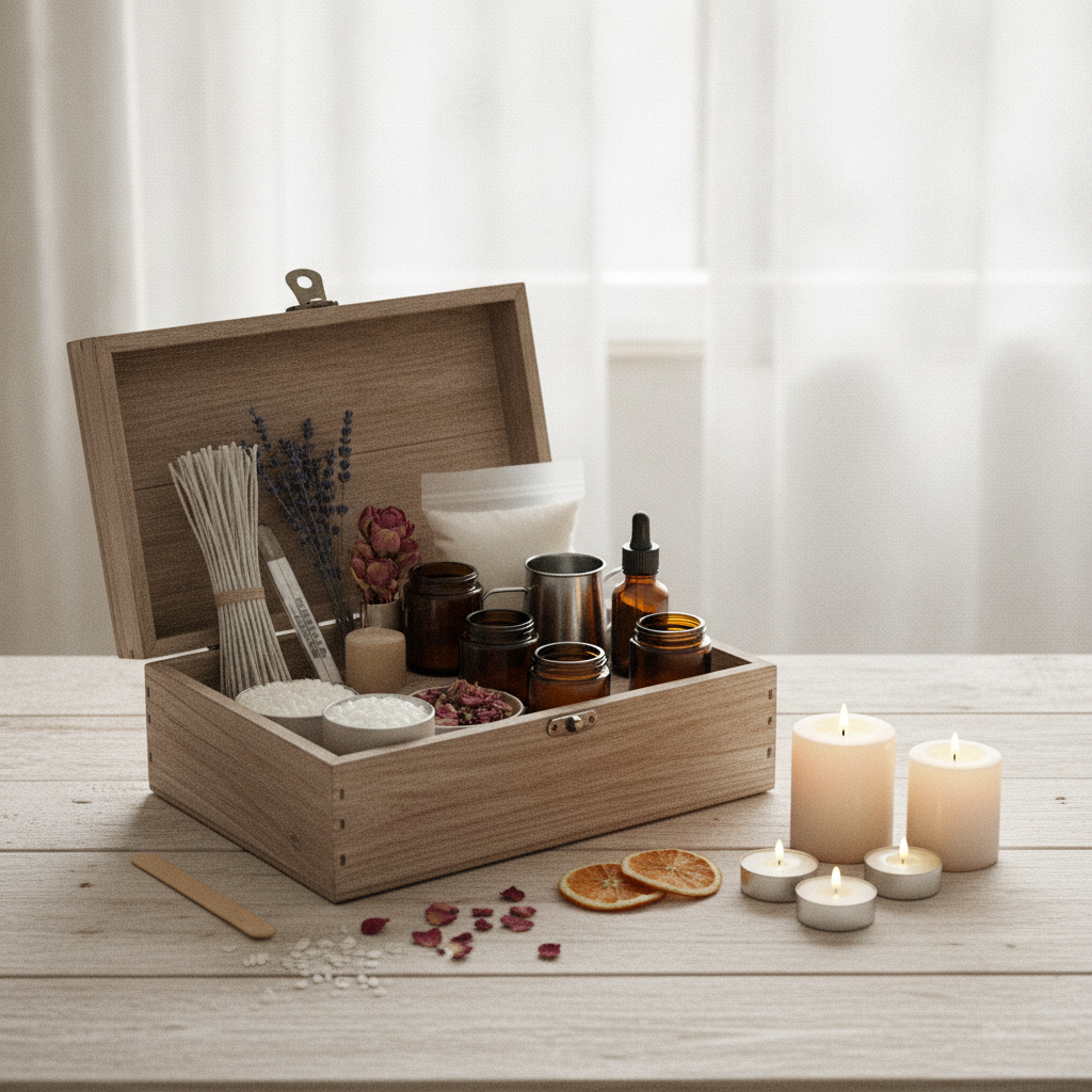 Caixa de madeira com suprimentos para fazer velas: pavios, ceras, essências, flores secas e potes.