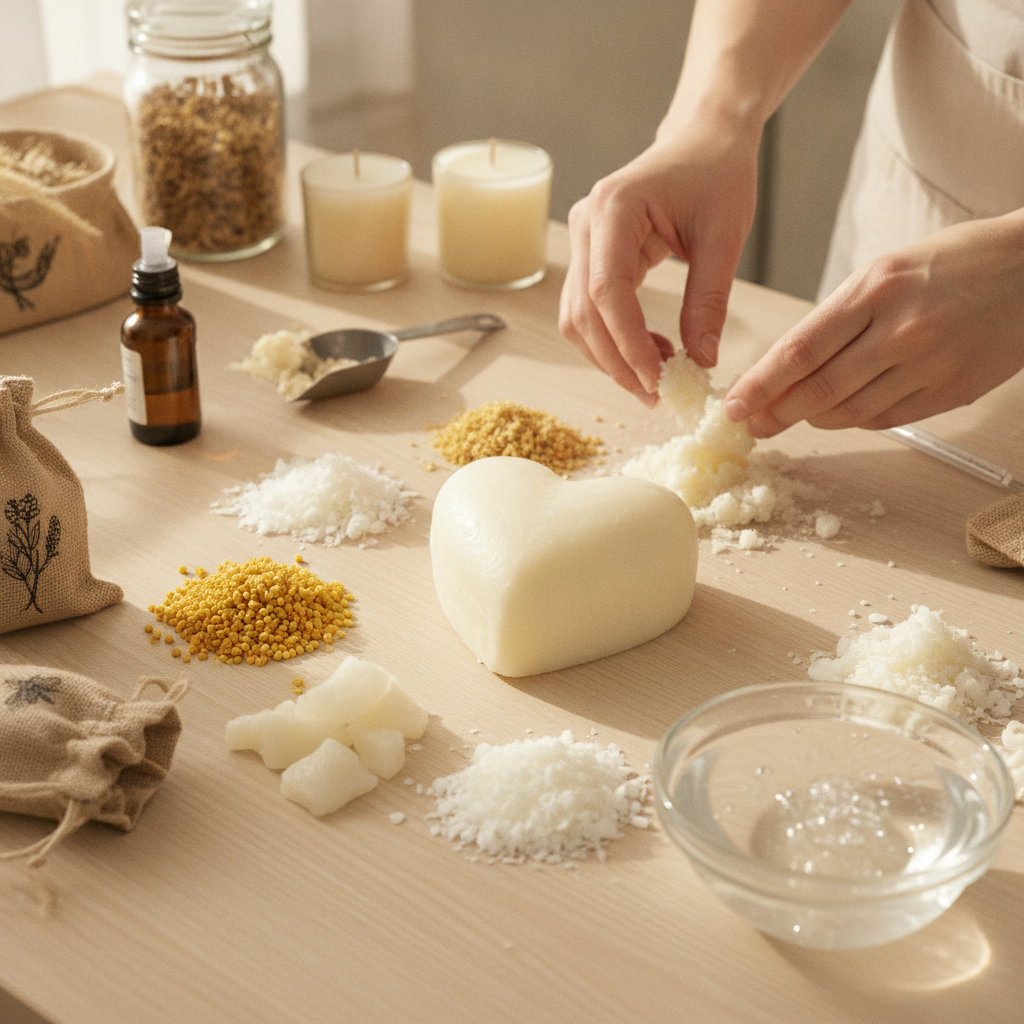 Mãos trabalhando com ceras para velas em forma de coração, mostrando ingredientes diversos.