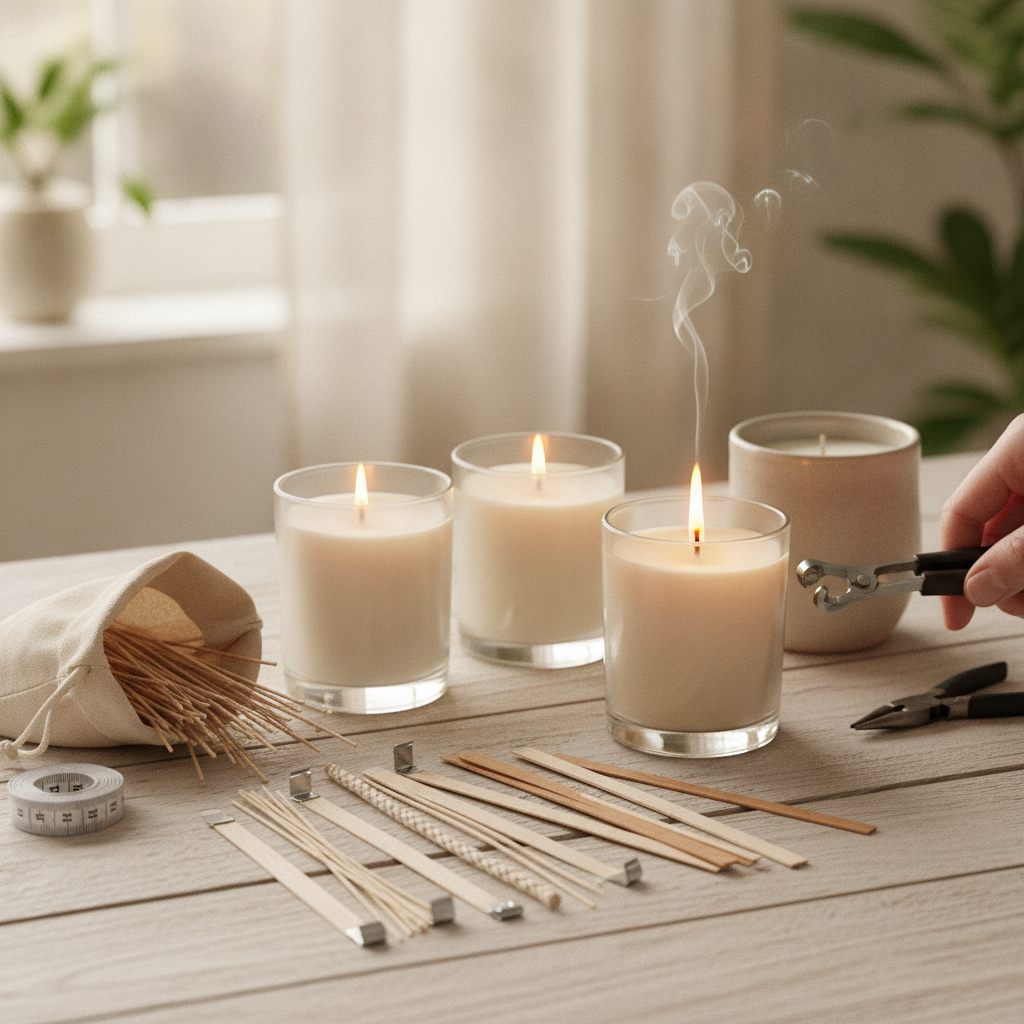 Velas acesas e diversos pavios organizados em uma mesa, pronto para a escolha ideal.