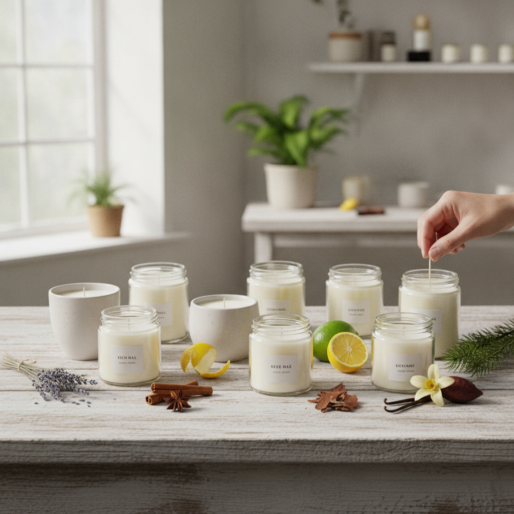 Velas artesanais em potes de vidro com rótulos, ao lado de ingredientes como limão, lavanda e canela.