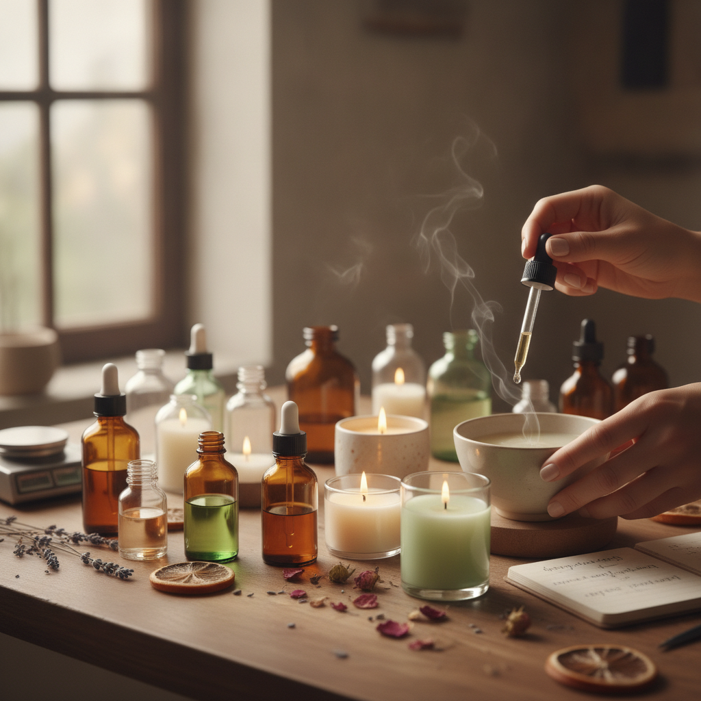 Mãos adicionando essência a uma tigela, com velas acesas e frascos de perfume ao fundo.
