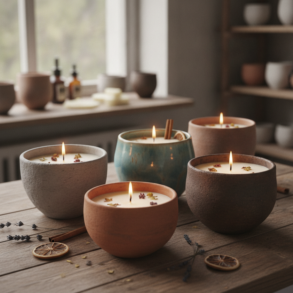 Velas artesanais em potes rústicos e azuis, com elementos naturais, iluminam mesa de madeira.