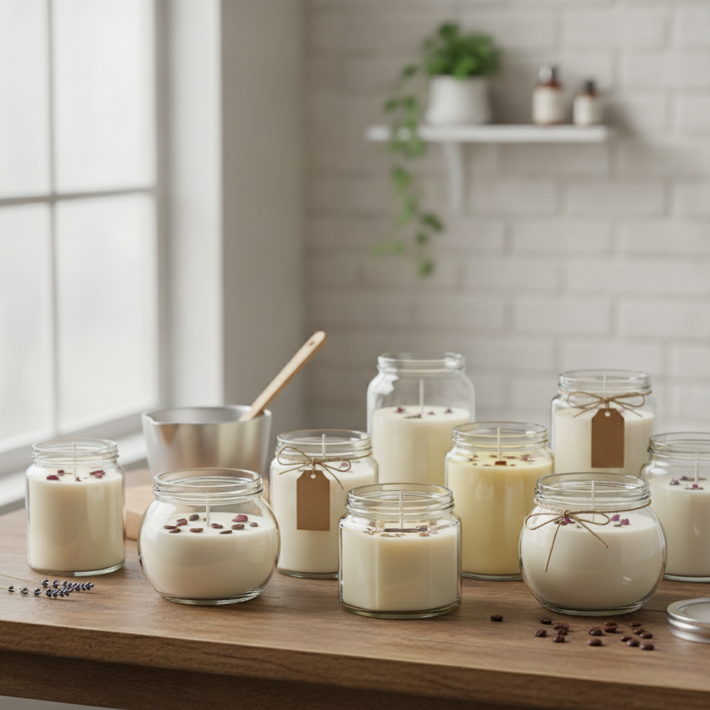Arranjo de velas artesanais em potes de vidro, com grãos de café e galhos secos.