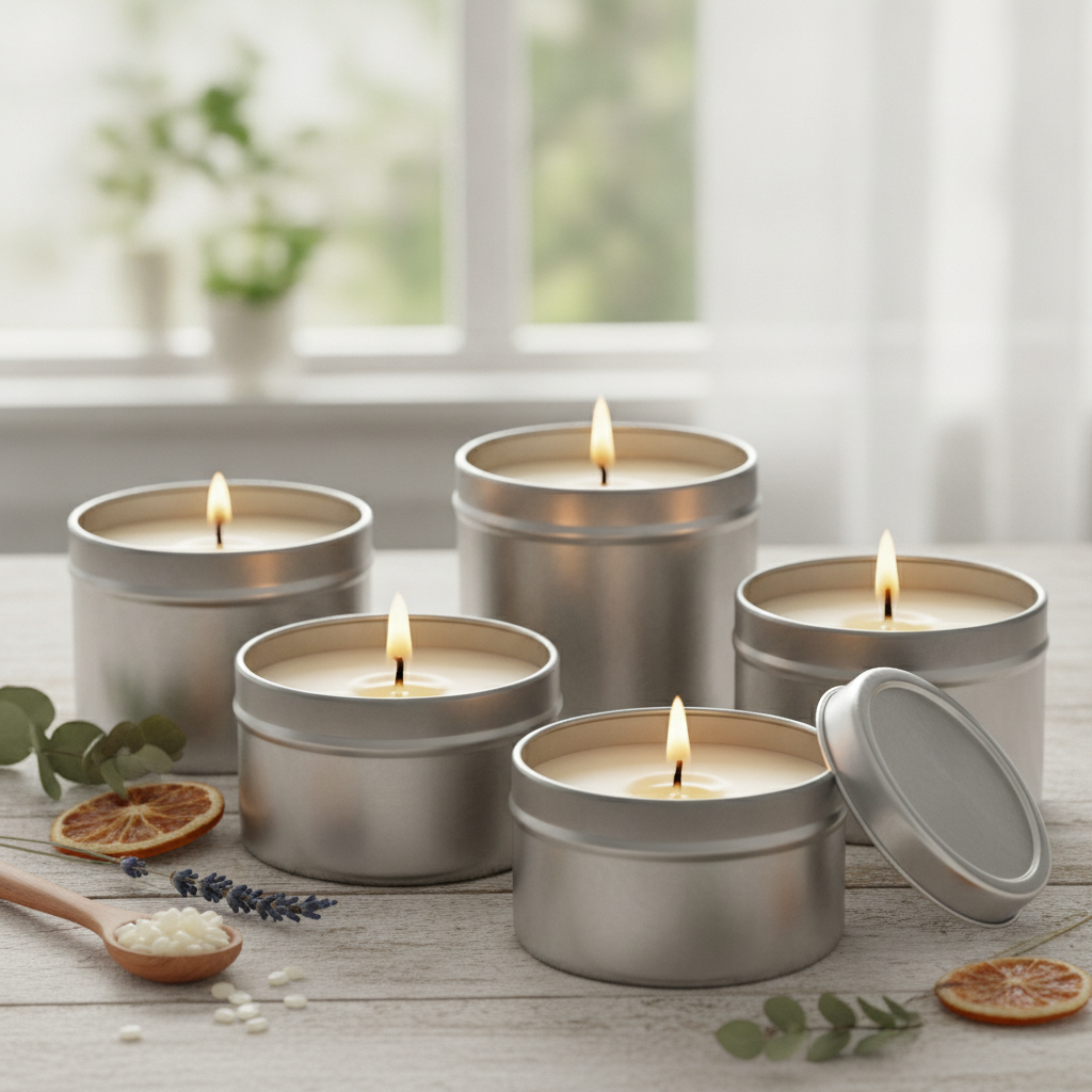 Cinco velas artesanais acesas em latas de alumínio em uma mesa de madeira com enfeites.