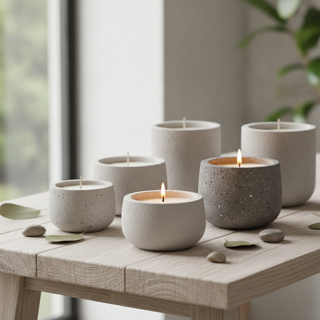Velas artesanais em potes de cimento rústicos e sofisticados, com chamas acesas.