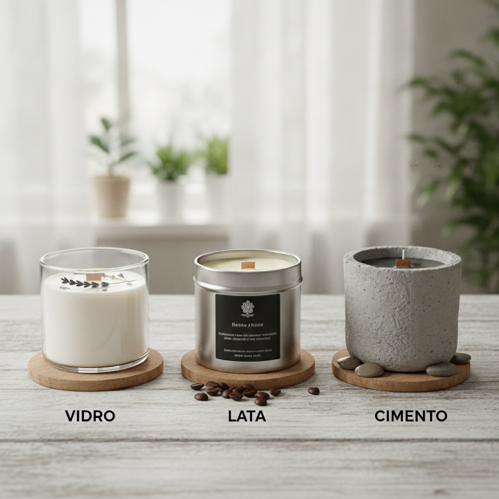 Três velas artesanais: de vidro, lata e cimento, em frente a janelas com luz natural.