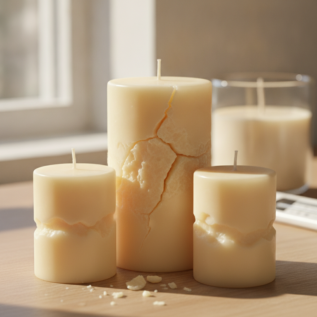 Velas artesanais com rachaduras e superfície irregular, demonstrando problema de produção.