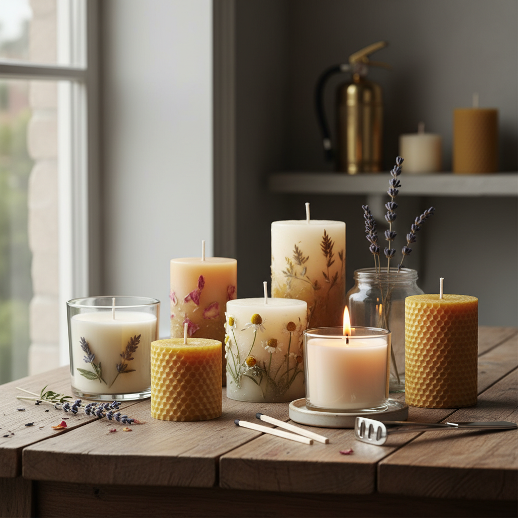 Velas artesanais decoradas com flores e flores secas em mesa de madeira.