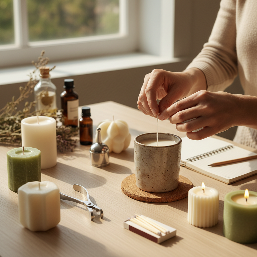Mãos preparando um pavio para uma vela artesanal, rodeada por outras velas e materiais.