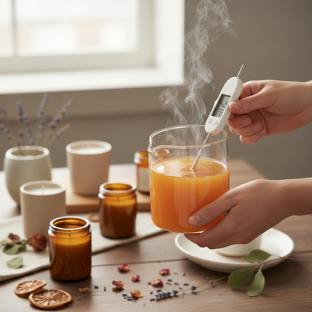 Mãos medindo temperatura de cera de vela artesanal em recipiente de vidro com vapor subindo.
