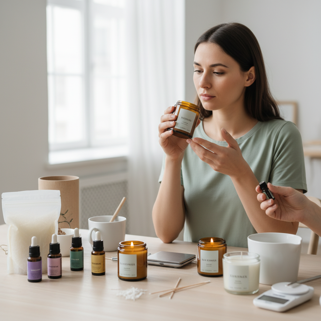 Mulher cheira vela artesanal em um kit de fabricação de velas, com óleos essenciais e cera na mesa.