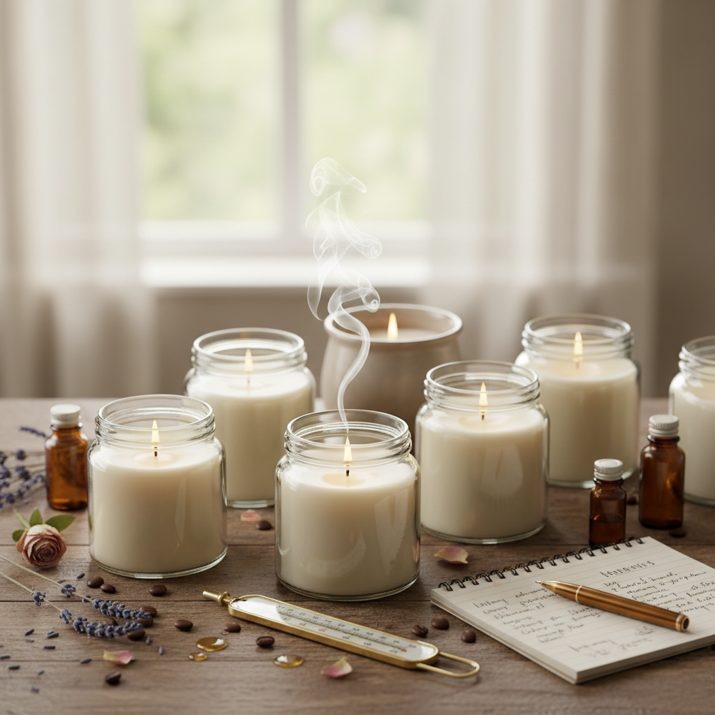 Velas artesanais com termômetro, ingredientes e caderno para anotações.