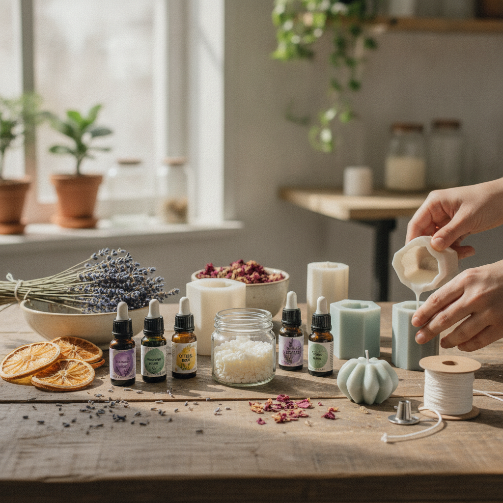 Kit de velas aromáticas: cera, essências, flores secas e moldes.