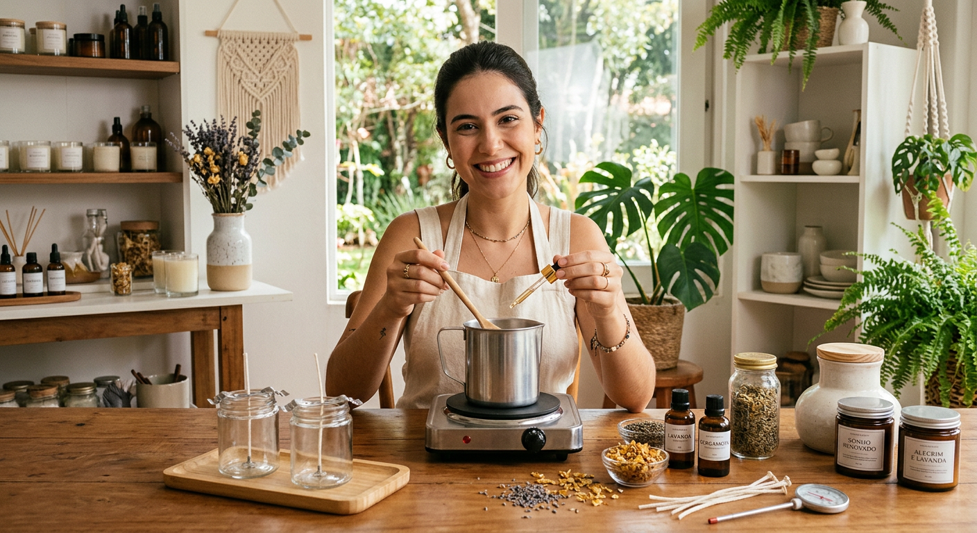 Mulher sorridente prepara velas artesanais com óleos essenciais em um ambiente rústico e iluminado.