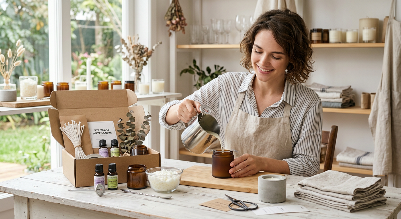 Mulher sorridente faz vela artesanal despejando cera em pote, com kit ao lado.