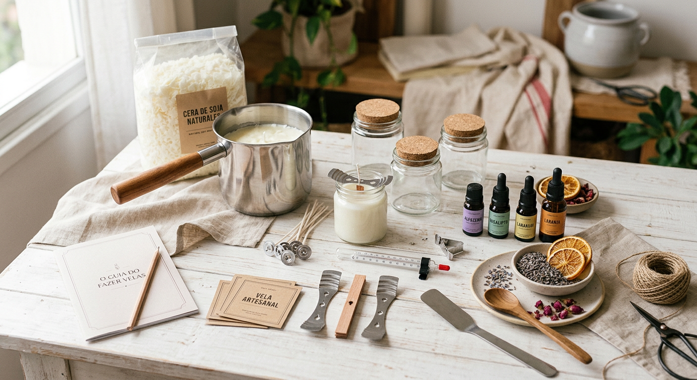 Kit para fazer velas: Flocos de cera, recipientes, pavios, essências, e acessórios.