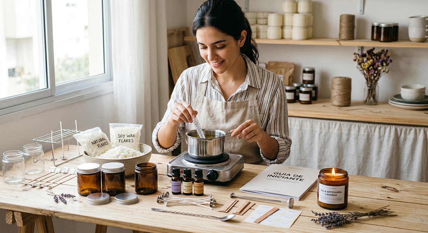 Mulher faz vela artesanal com kit para iniciantes. Ingredientes e guia na mesa.