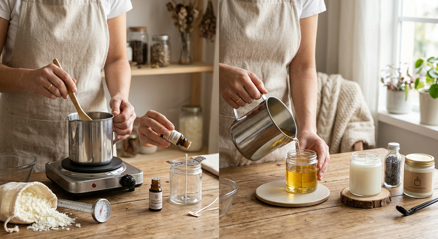 Mãos preparando cera derretida e despejando em um frasco para fazer velas artesanais.