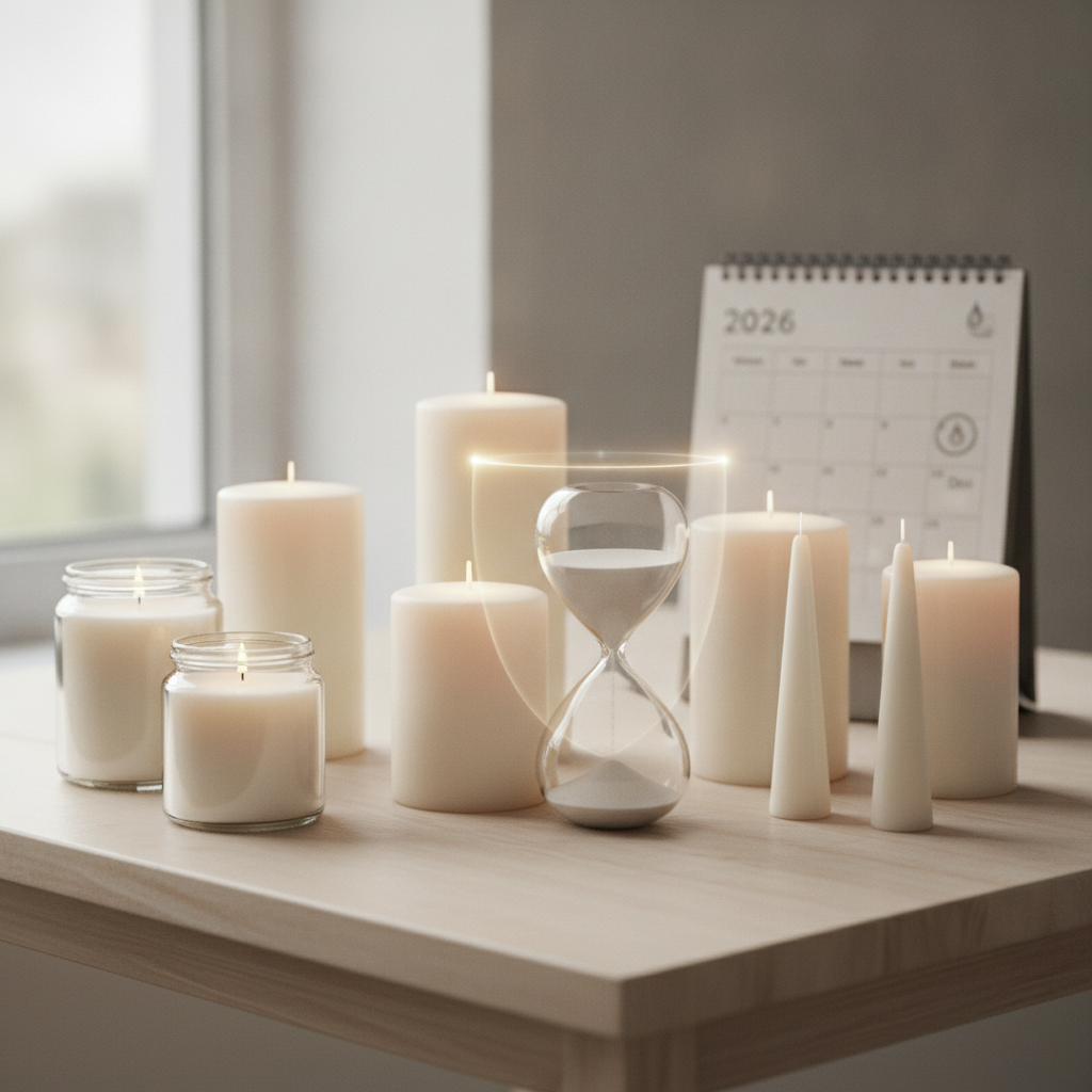 Velas artesanais em diferentes formatos, ampulheta e calendário de 2026 em cima de uma mesa de madeira.