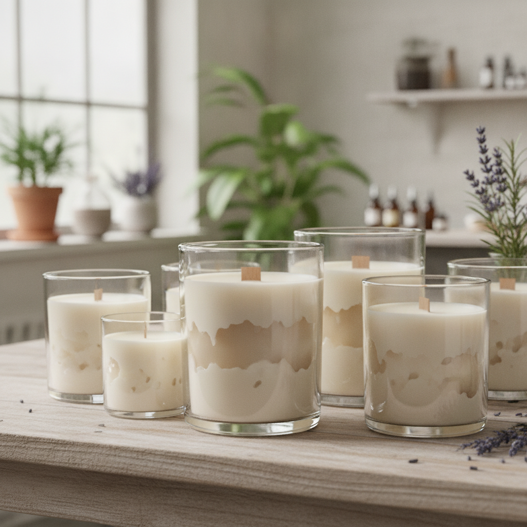 Velas artesanais em vidro com cera em camadas mostrando imperfeições, em mesa de madeira.