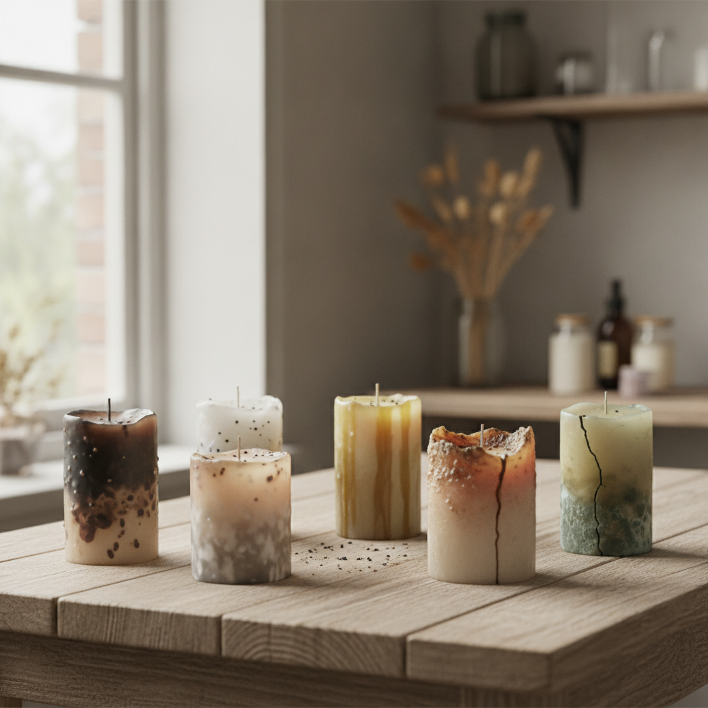 Velas artesanais com defeitos diversos em uma mesa de madeira.