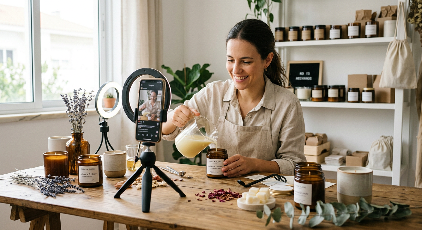 Mulher gravando vídeo de bastidores de um negócio de velas artesanais no Instagram/TikTok.
